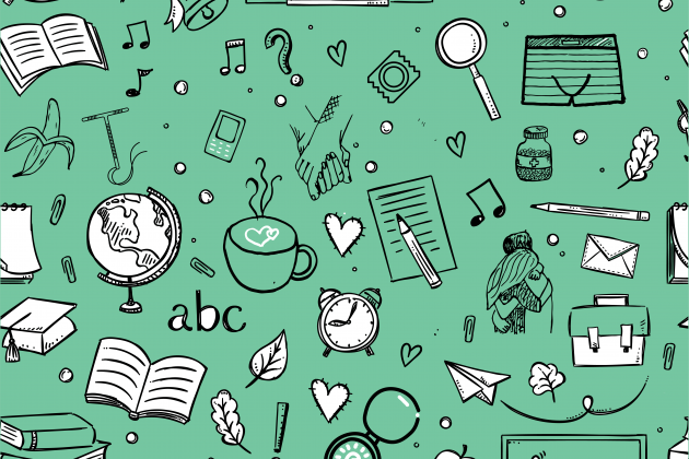 Green wallpaper with doodles representing school, sexual health, and relationships