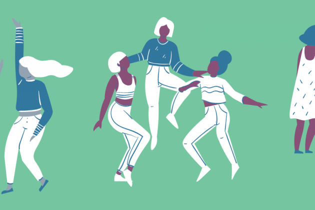 Illustration of people hanging out, dancing on a mint green background