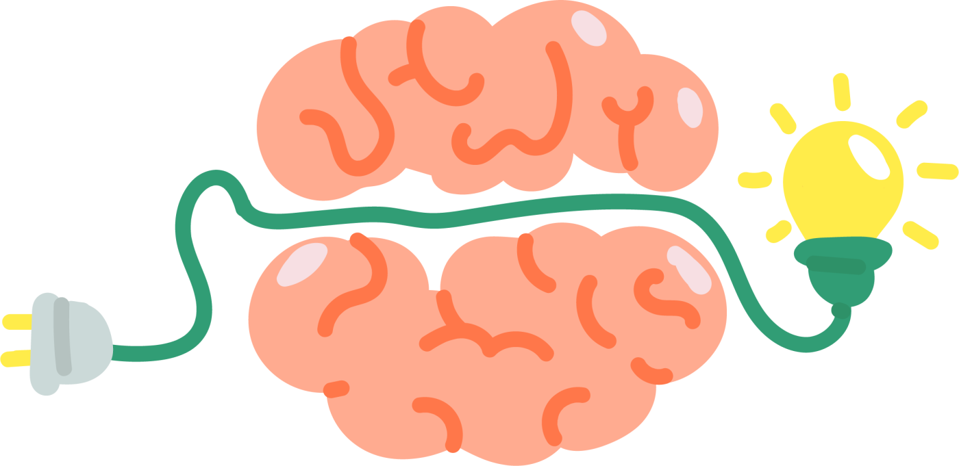 Ilustración de un cerebro con un cable que lo recorre. Al final del cable, una lamparita encendida.