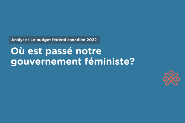 Un graphique bleu foncé avec un grand texte en blanc qui dit : « Où est passé notre gouvernement féministe? ». En haut, un texte blanc plus petit dans une boîte grise, disant : « Analyse : Le budget fédéral canadien 2022 ». Le logo d’Action Canada est rogné dans le coin inférieur droit.